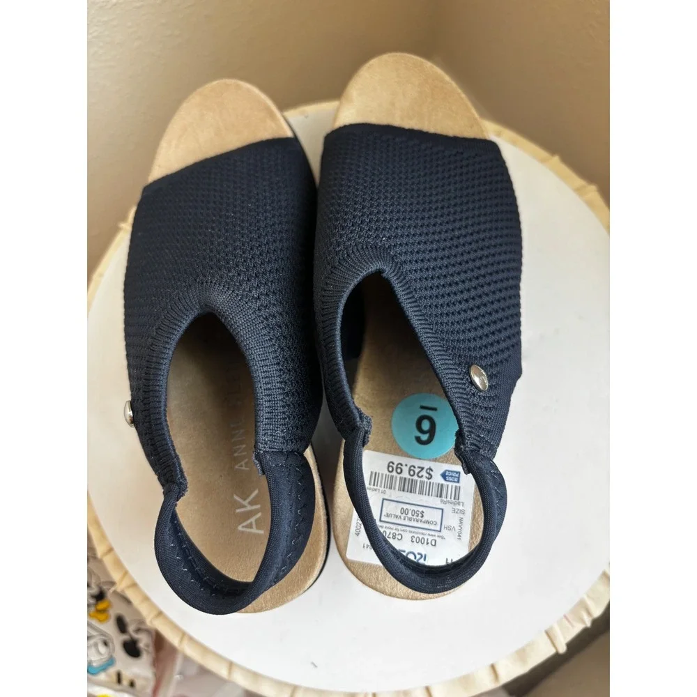 NWT Anne Klein Wedge Sandals Size 6 Navy Blue Stretch Knit Platform Slingback AK